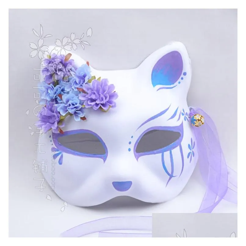 Designer maskerar japanska kimono räv kattmask handmålad lila blå lutning siden blommor klocka cosplay droppleverans hem trädgård hou dhmna