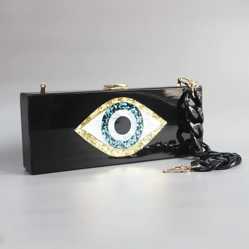 Taschen Handtasche Frauen Brand böse Augen Cartoon Evil Eye Party Beutel Einheitliches schwarzes Perle weiß 25 cm x 10 cm Langgröße Acrylkasten Clutches Tasche