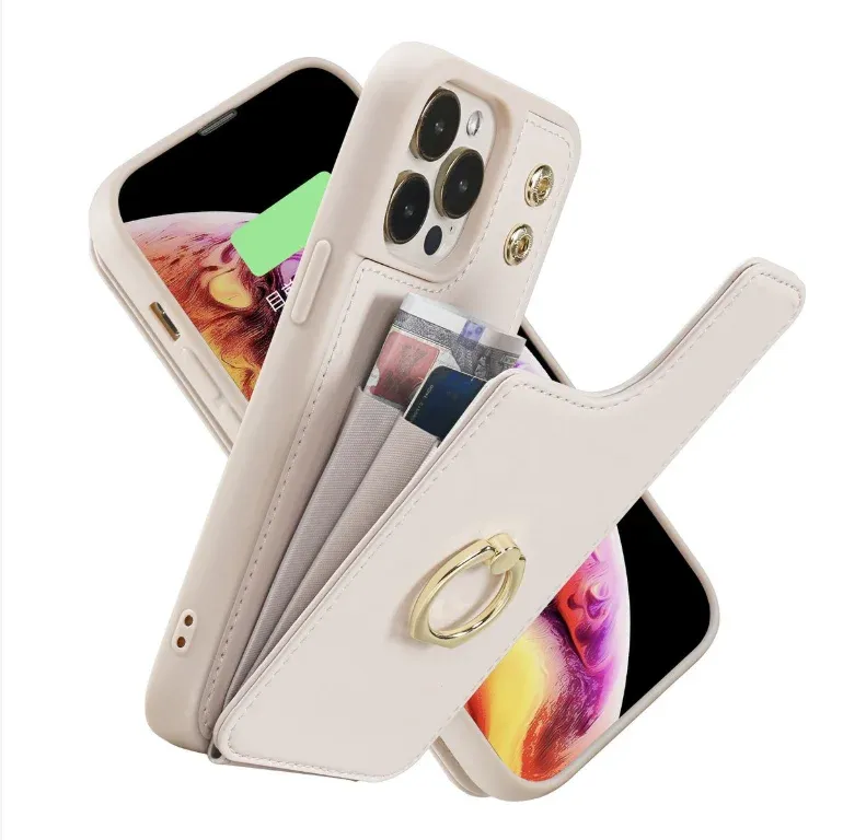 Innehavare plånbokfodral kompatibel med iPhone 13 Pro Max Leather med korthållare 360 ​​° Rotation Ring Kickstand RFID Blocking Protective
