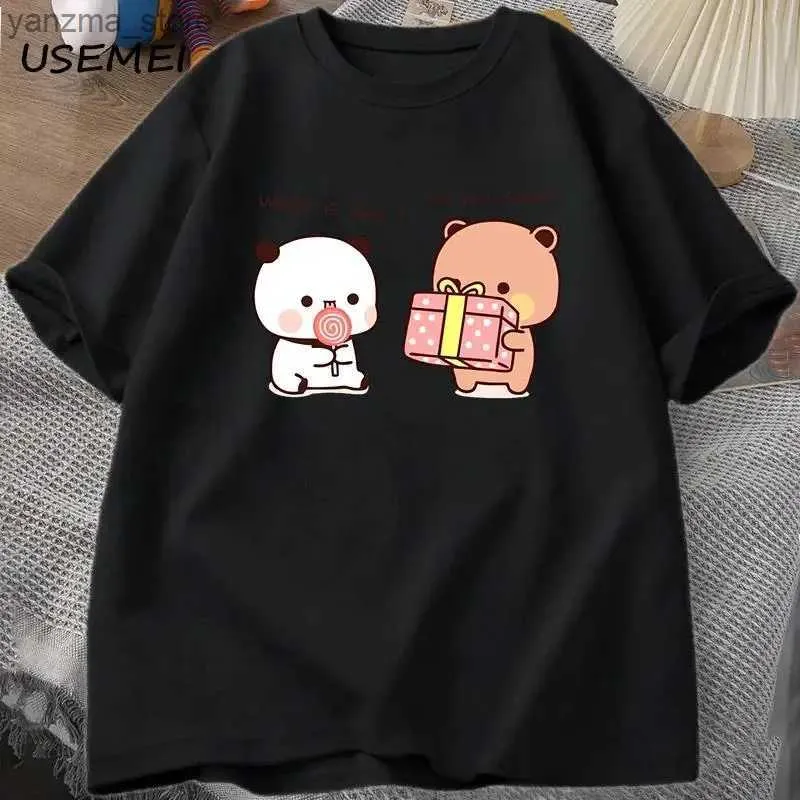 Dames T-shirt Anime Cartoon Panda Bear Bubu en Dudu T-shirt Kawaii Grafische bedrukte T-shirt Fashion Crew Neck Plus Size T-shirt Vrouwen Y240420