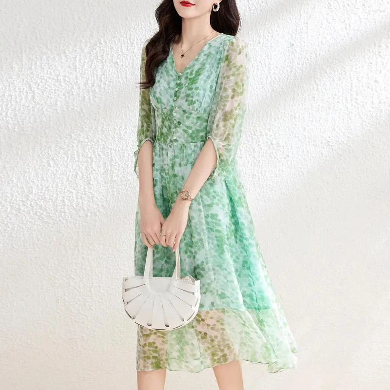 Robes décontractées printemps été 2024 Design haut de gamme femmes élégants vestidos verts imprimer vrai sik long