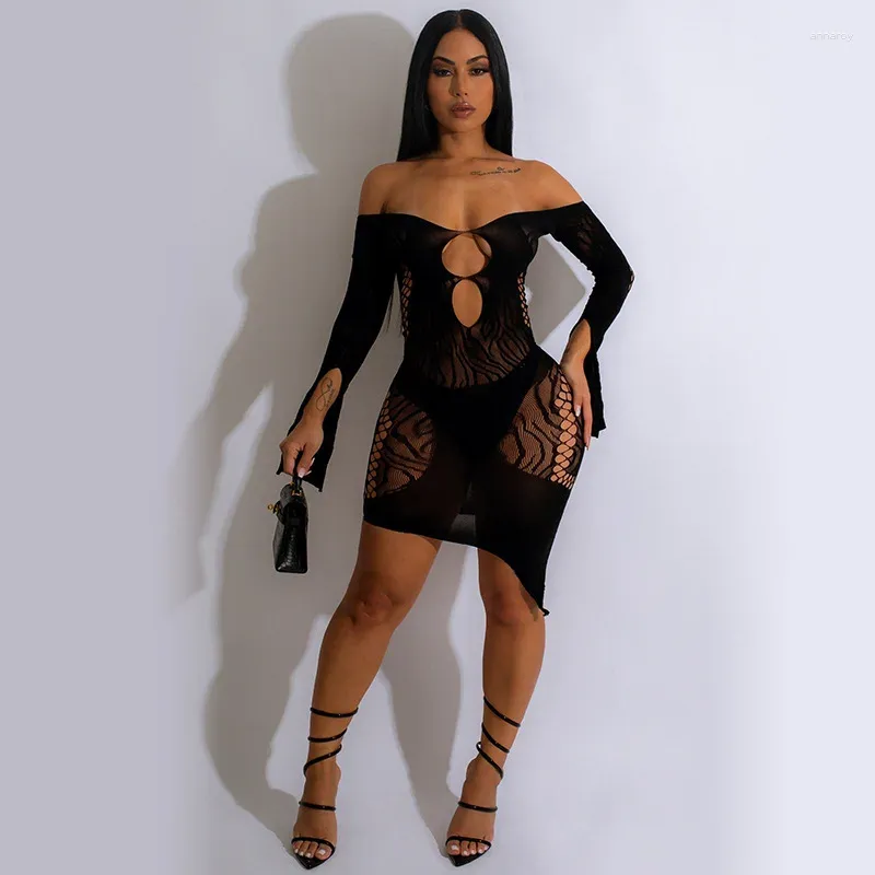 Casual Dresses Sticked Mesh Hollow Out See Through Off Shoulder Slim Mini Dress Women 2024 Autumn Long Sleeve Wrap Hip Vestidos Sexig Robe