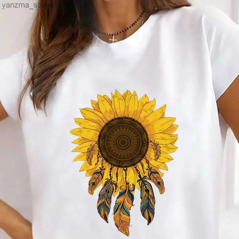 Dames T-shirt Plus size Sunflower Style Trend Cute t-shirt dames mode basist top kleding vrouwen grafische korte slev print kleding y240420