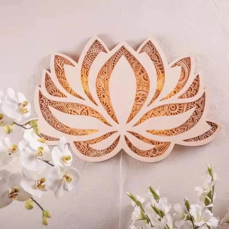 Wall Lamp Mandala Yoga Room Night Light LED Elegant Wooden Multilayered Laser Cut Carved Hanging Home Ornaments Drop