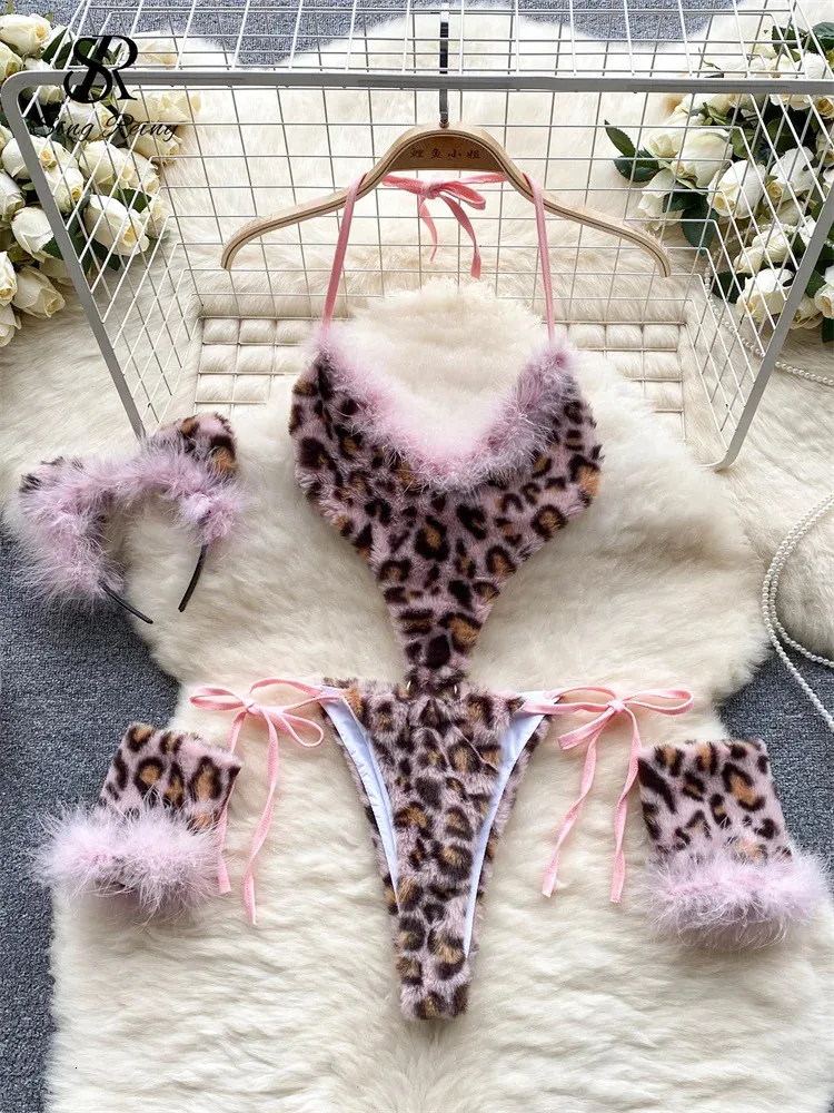Singreinose bodine erotiche sensuali leopardate Lingerie Grow out Lace Up Gheath Romeprs Halter Wool senza schienale Sweet Sexy Playsuit 240419