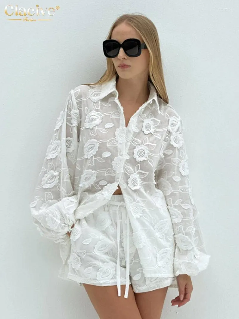 Kvinnors träningsdräkter Claceive Fashion White Cotton 2 Piece Set Women Outfit Elegant Long Sleeve Shirt med hög midjeshorts Set Kvinna