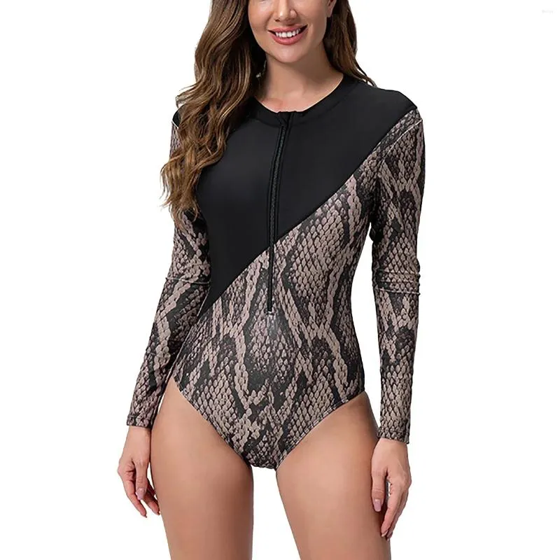 Women's Swimwear Women Wetsuit Sexy Snakeskin Swimsuit Boyshort Long Sleeve Rashguard Contrast Line Snorkel Surf Suit Sport Bikini Bottoms