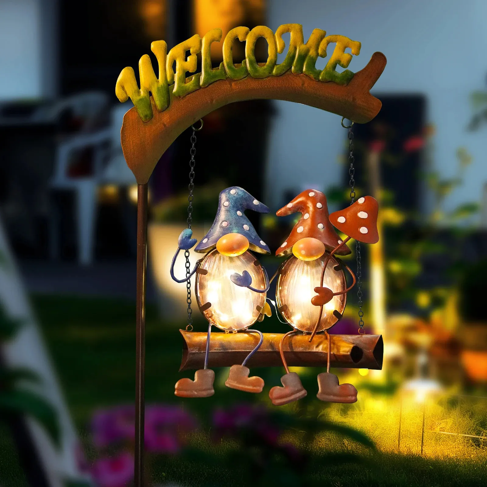 Luzes solares Decoração ao ar livre Gnomos Swing Garden Presentes engraçados para mulheres decorações de mãe com sinal de boas -vindas 240415