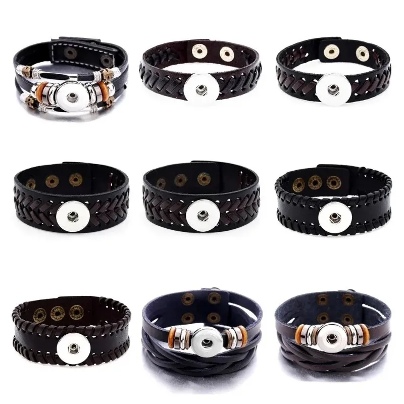 Gevlochten zwart bruin lederen snap knop armband passen 18 mm snaps sieraden