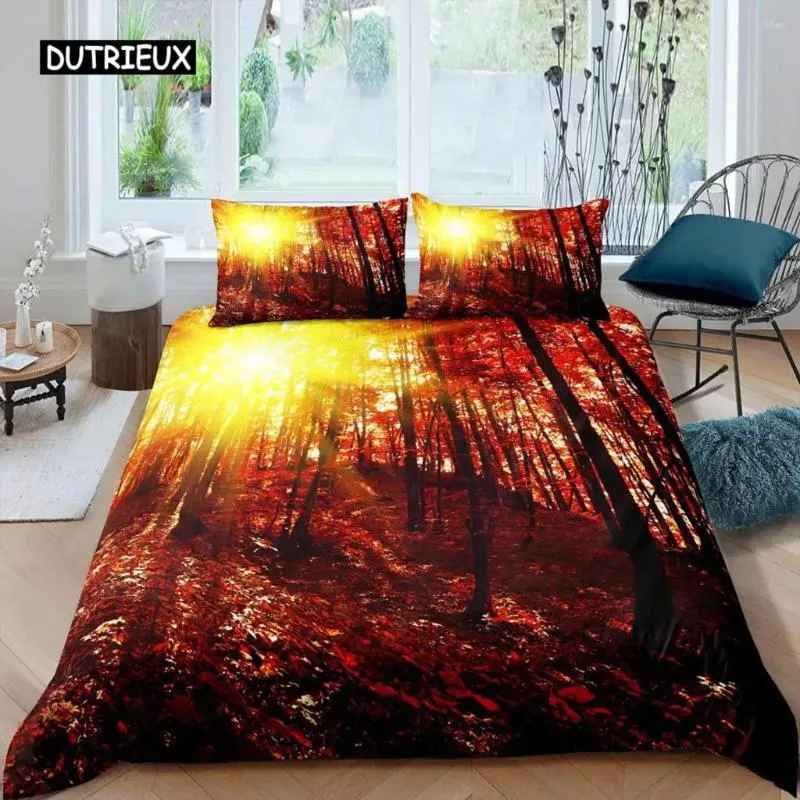 Ensembles de literie Ensemble de couvercle de couette d'automne Feuilles tombées rouges Nature Microfibre Soleil Tree Bois Natural King Quilt