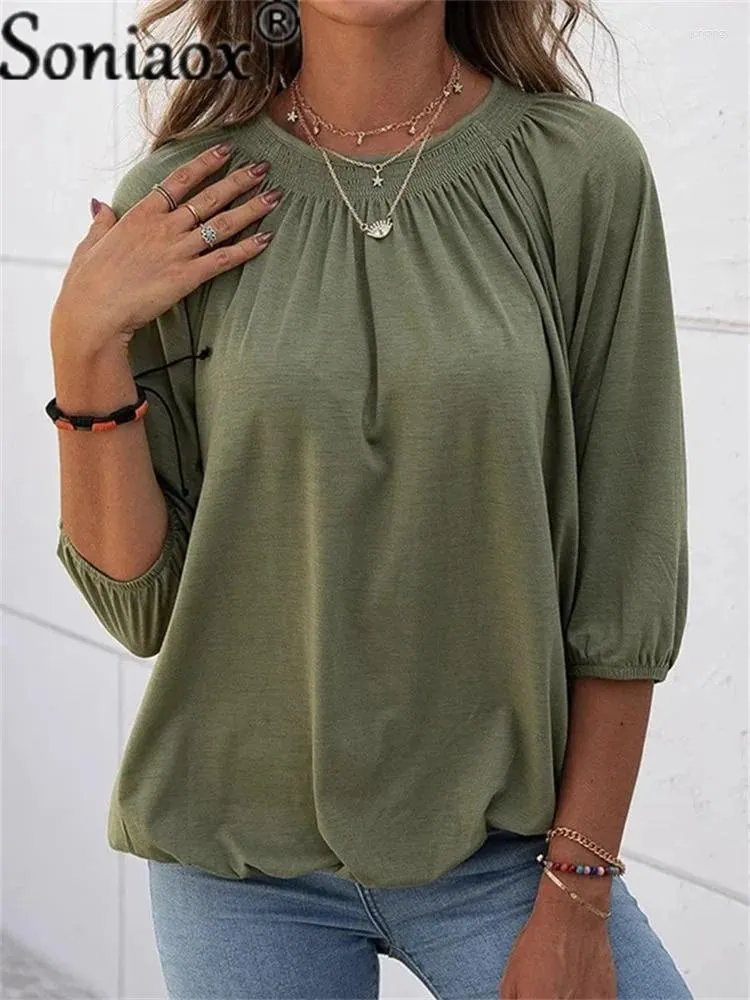 Women's Blouses Spring Autumn Solid Color Half Sleeve T-Shirts Shrinkage Folds O-Neck T Shirt 2024 Ladies Casual Loose Street Tops