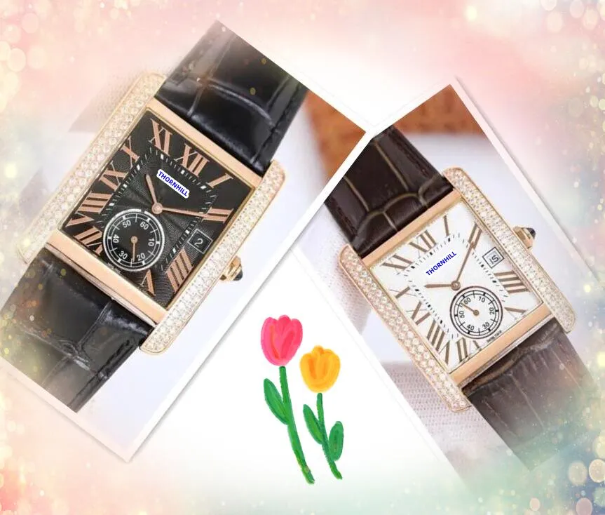Popular Mens Square Face Watches Day Date Horloge Horloge Quartz Mouvement Chronograph Diamonds Anneau brillant Starry Cow Leather Président Chain Bracelet Watch Gifts