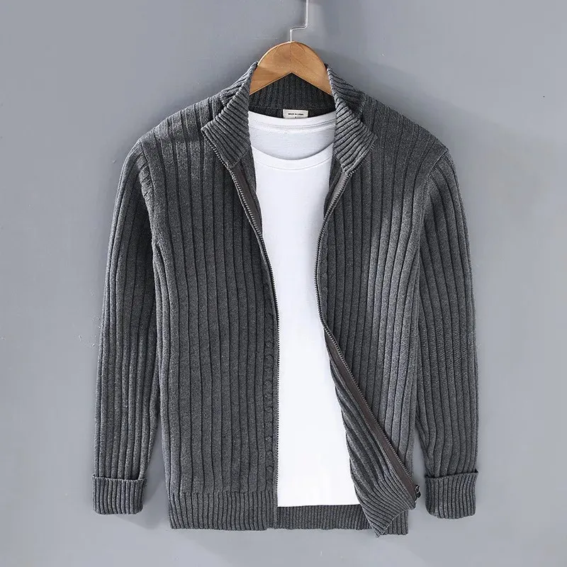 Autumn Winter Men Men Cardigan Sweater Mens Stand Gollar Cotton Cotton 100% malha espessada cor de rua sólida roupas de rua 240407