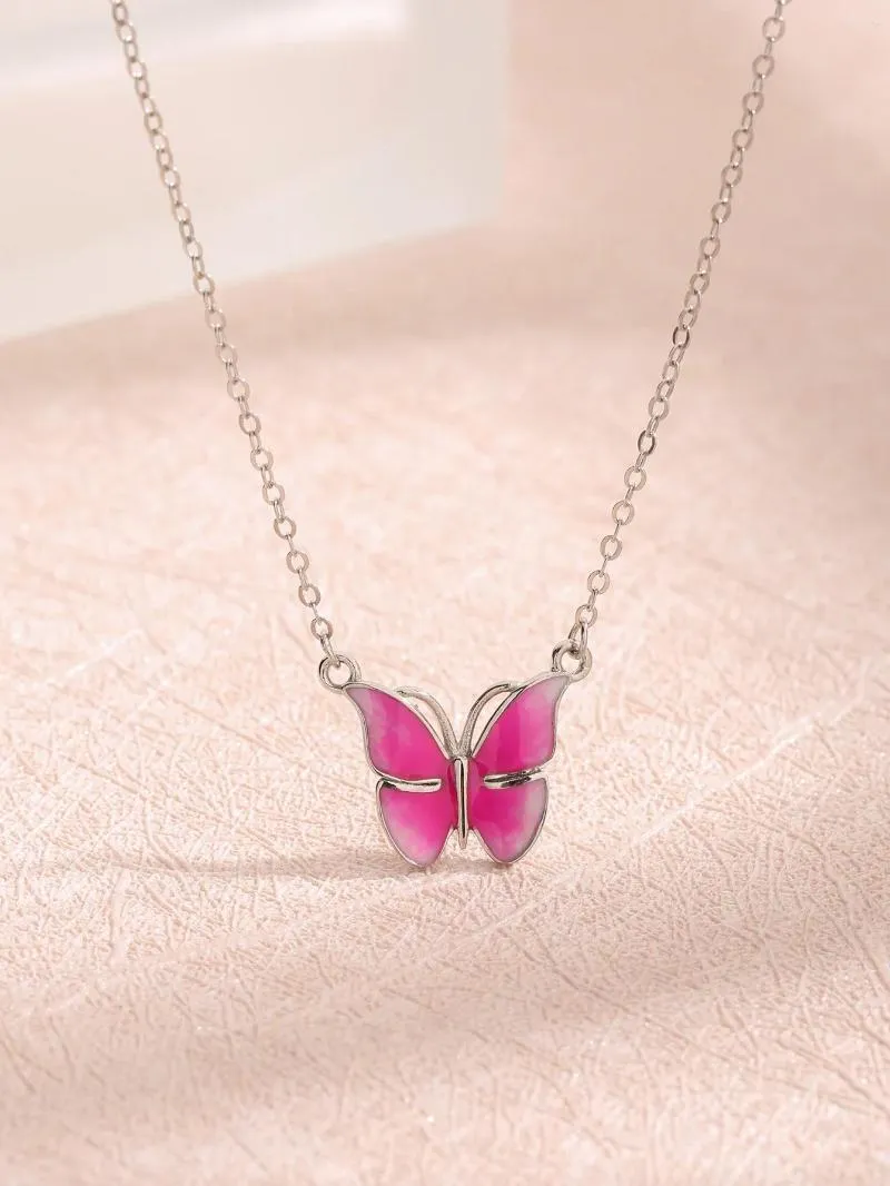 Pendants Drop Glue Women's Pink White Butterfly Pendant Necklace Made Of Zircon And Sterling 925 Silver With Elegant Cute Style