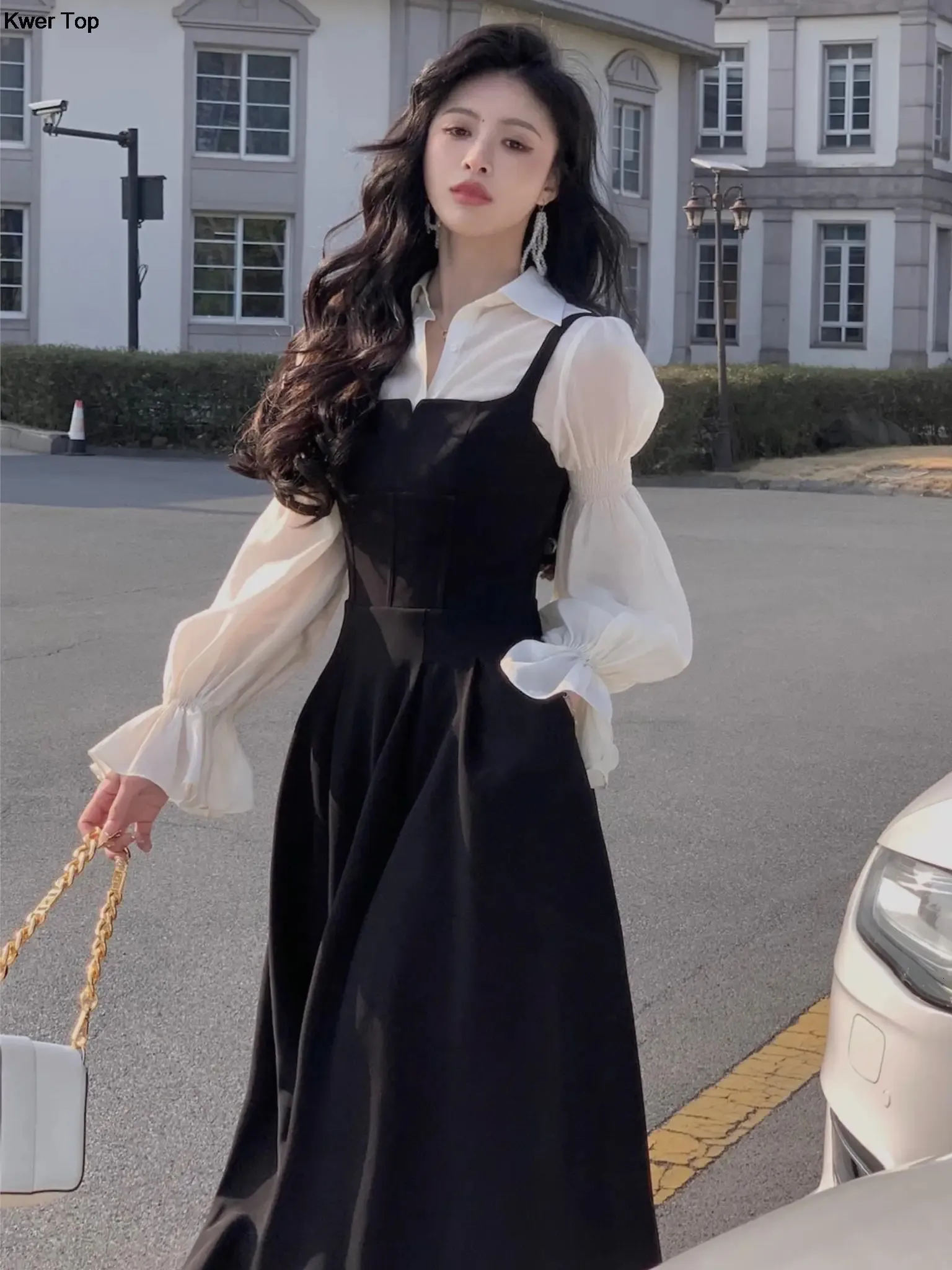 Women Korean Black Dress Set Lantern Sleeve Ruffles Shirt A-Line Strap Vestidos Suit Dancing Parties Outfits Autumn Clothes 240417