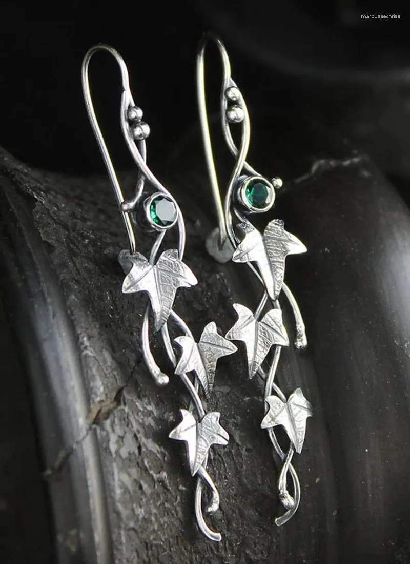 Dangle Earrings Ethnic Silver Color Metal Leaf Women's Earring Vintage Round Inlaid Green Zircon Long Personalityギフト