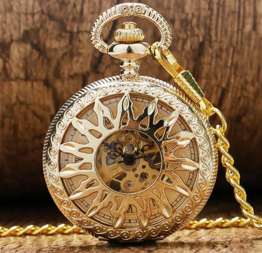 Steampunk antique Black Gold Bronze Pocket Watch Skeleton Handwinding Mechanical Watches Mens Womens Clock Fob Pendant Chain Gift7475370