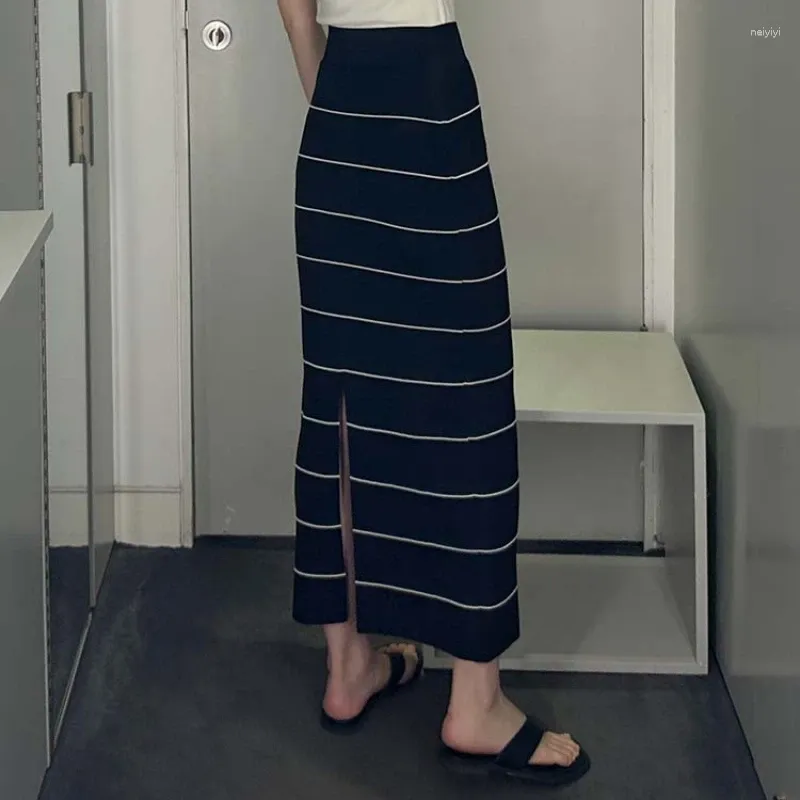 DHgate Striped Knitted Maxi Skirt Comfy Navy Blue Pencil Skirt with Back Slit for Women Apparel