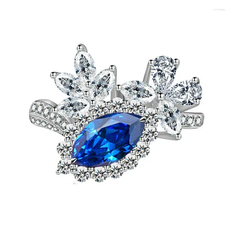 Cluster anneaux S925 Silver Ring Blue Corundum Horse Eye 4 8 mm Style Instagram Femme Zircon High Carbon Zircon