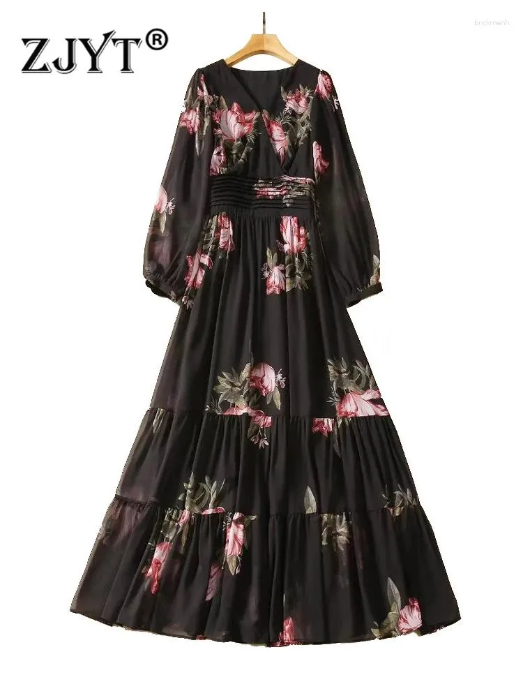 Sukienki swobodne Zjyt Autumn Floral Print Szyfonowy długi maksi dla kobiet 2024 Eleganckie vintage wakacyjne reresidos para mejr aline szata