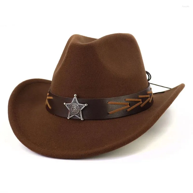 Berets Pentagram skórzany zespół Western Cowboy Hat for Women Men szeroko brzeg poczuł Cowgirl Party Fedora Outdoor Protection