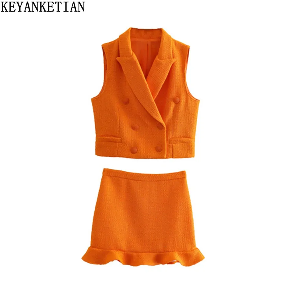 Keyanktian Womens Tweed Textured Suit tissé Double Butted sans manches Verte à volants Jupe Fashion Two Piece 240412