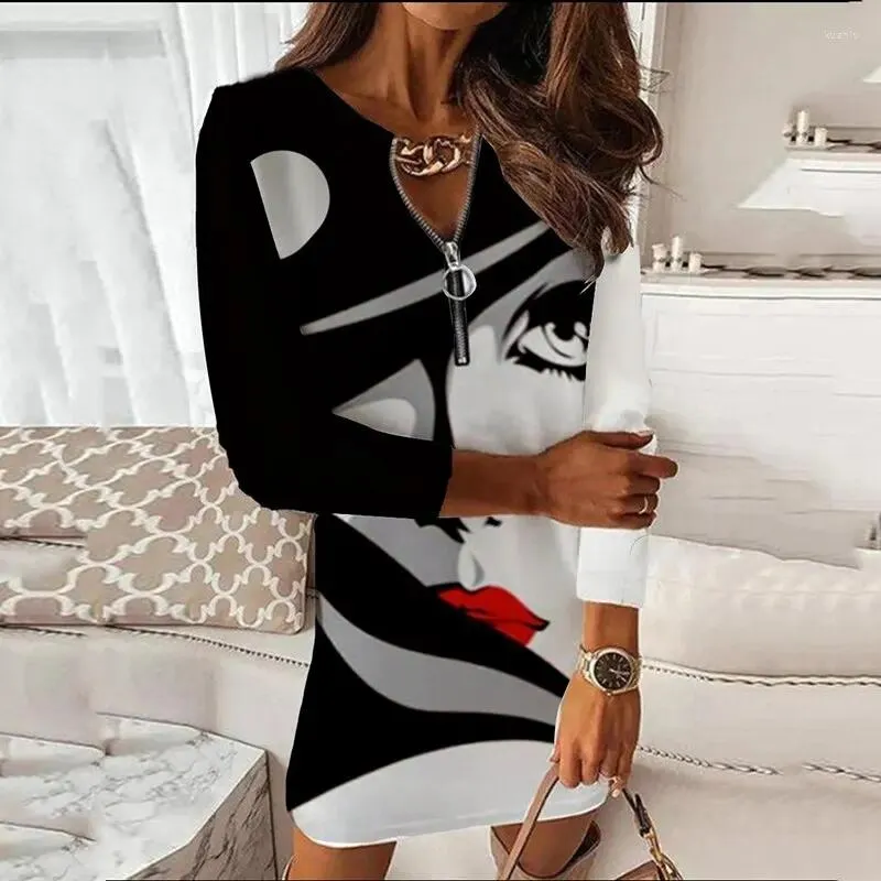 Casual Dresses Fashion Women Long Sleeve Mini Dress Sexy Zipper Design V-Neck Printed Office Ladies Elegant Pullover Straight