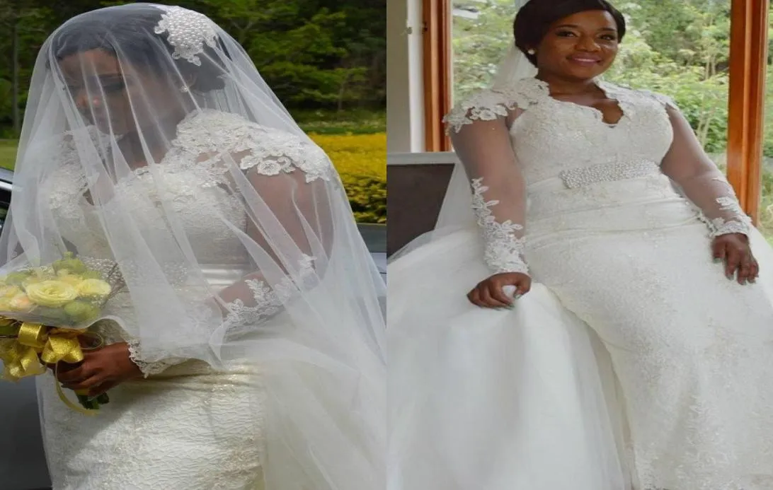 Robes de mariée de sirène à manches longues africaines avec train détachable en dentelle en dentelle de lacerie de mariés sur-tulle vestido de n7697074