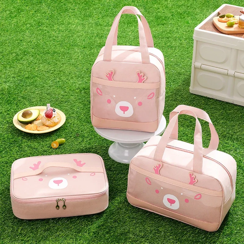 Taschen Pink Lunchbag für Kinder Frauen Neue tragbare Reißverschluss Thermal -Food -Taschen mit transparenten Vordertasche verdicken Cartoon Lunchbox