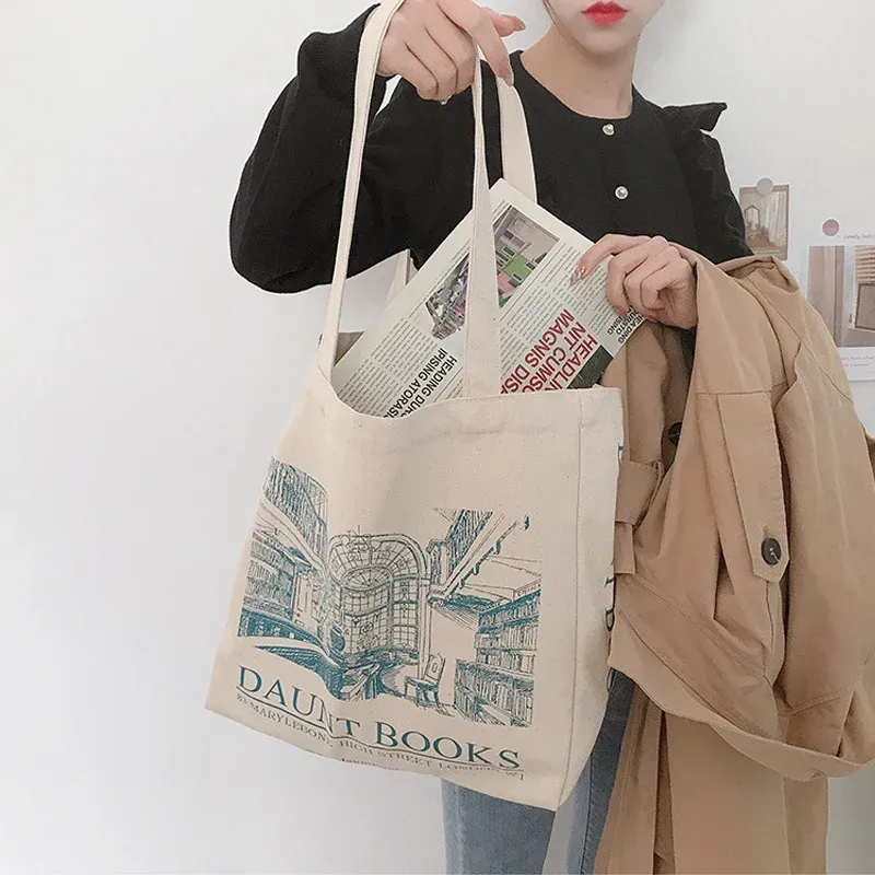 Buckets Women Canvas Shoulder Bag London Daunt Books Daily Shopping Bags Students Book Bag Cotton Cloth Handbags Large Tote For Girls