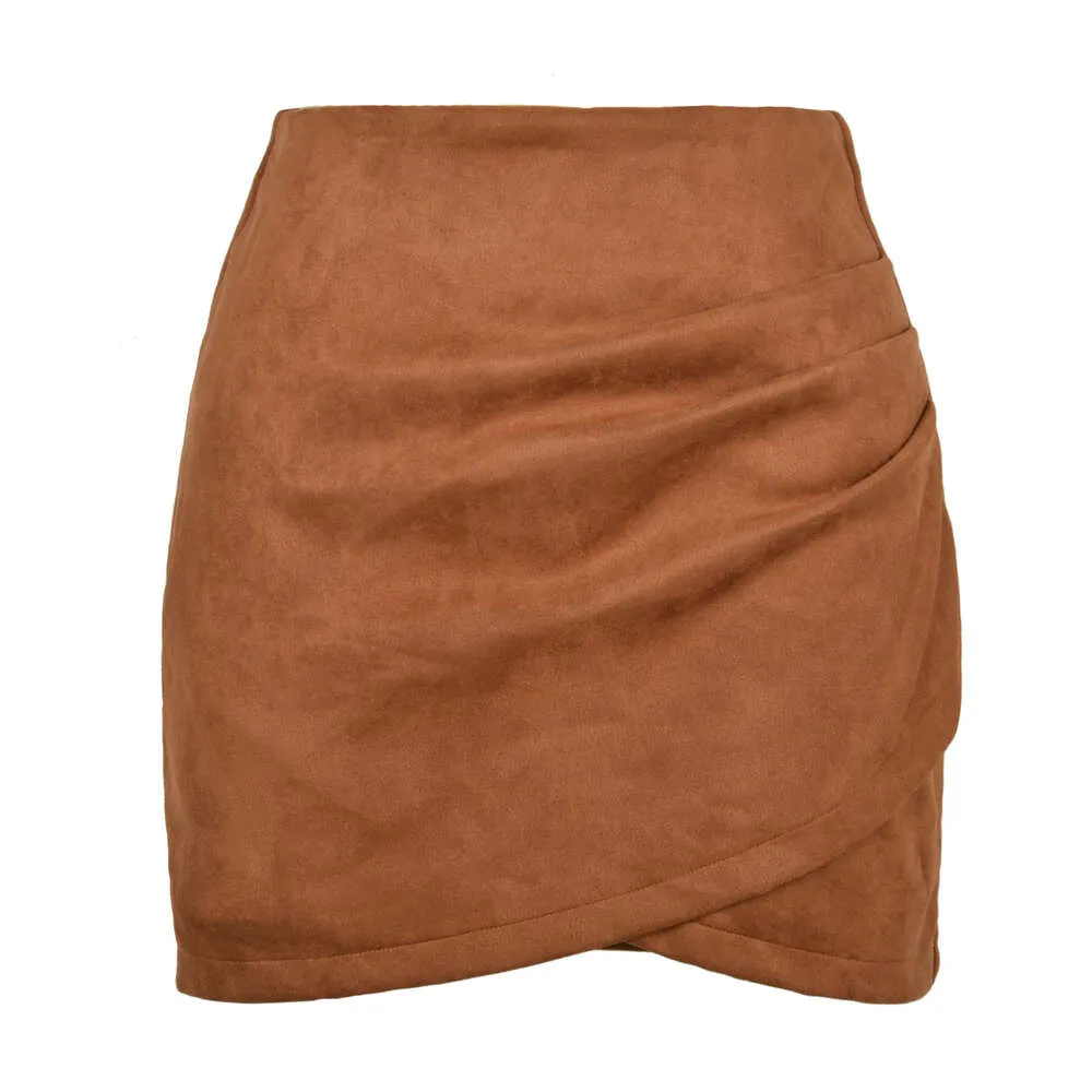 スエードソリッド2024カラーヒップラップ秋/冬の折りたたまれた不規則なジッパーショートスカートの女性服