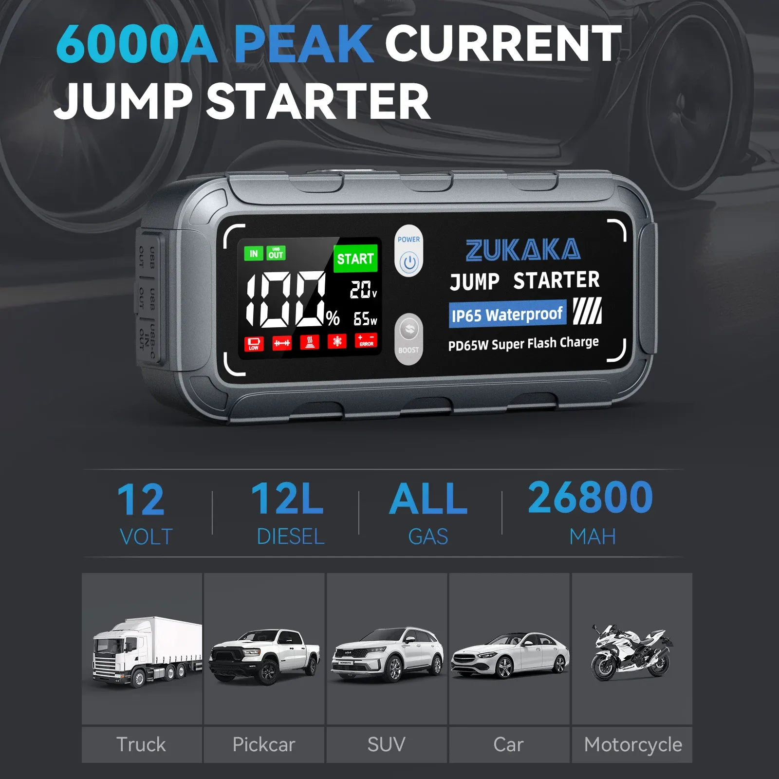 6000A Car Jump Starter Banco de energia portátil 12V Auto Emergency Car Battery Starter Booster Dispositivo de partida