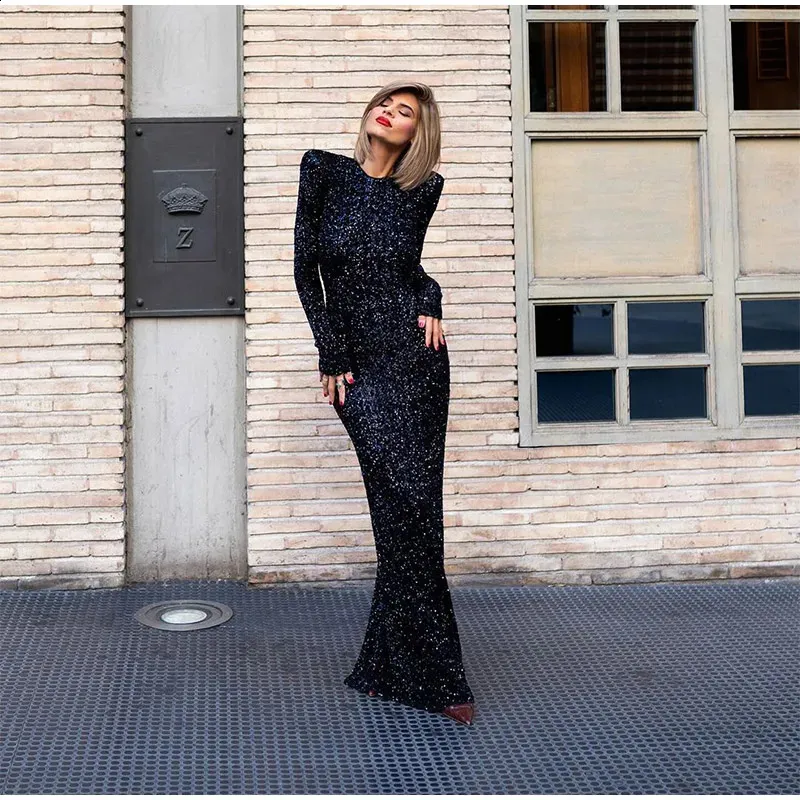 Chic Black Shiny Sequins Maxi Dress for Women, O Neck Long Sleeve Party Gown,  Elegant Autumn Evening Event Veatisos 241119 from Dhgate Basic & Casual  Dresses - price 77.69