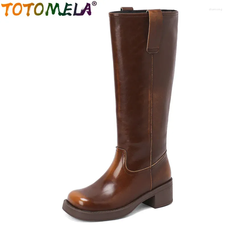 Boots Totomela 2024 Slip on Fornuine Leather Winter Retro Ladies Platform Platform High Square Med Heels
