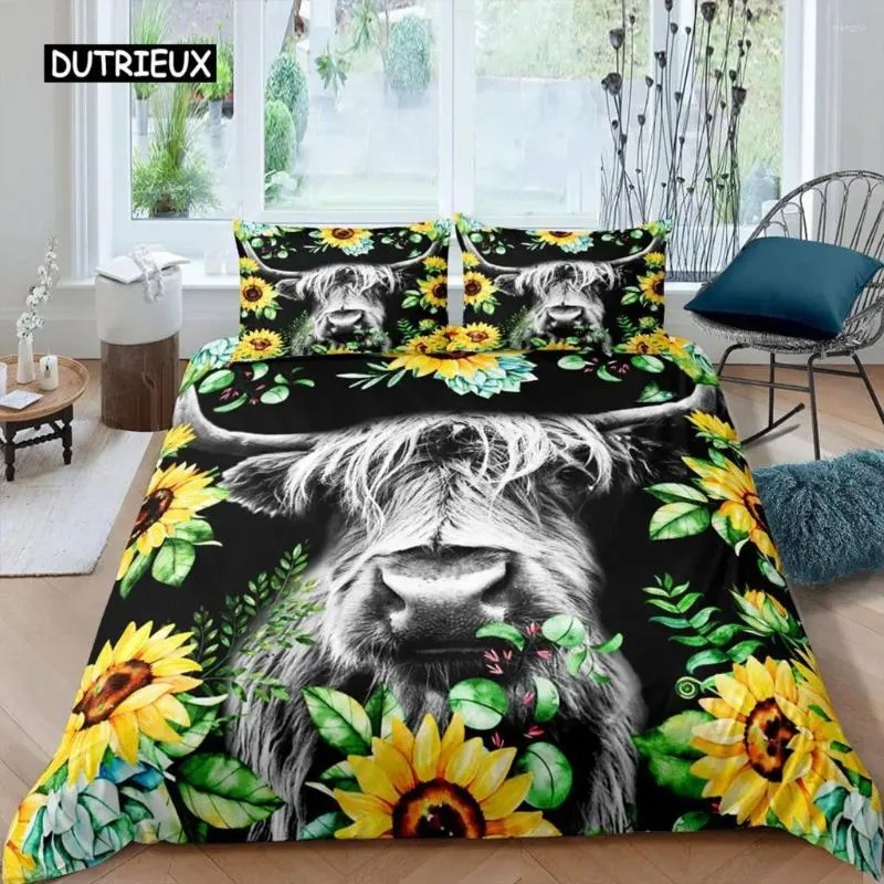 Bedding Sets Highland Cow Duvet Cover King Sunflower Black Cattle Set Microfiber Farm Animal Western Farmhouse Quilt