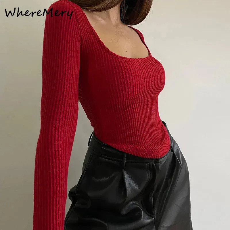 Wheremery couche carré manche à manches longues en tricot en tricot nervuré femmes d'automne d'hiver décontracté crop top streetwear y2k tops de base t-shirts 240417