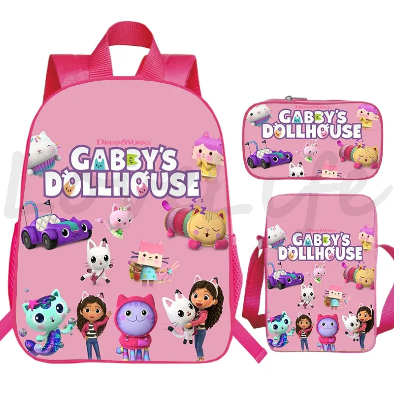 Sırt çantaları Gabby's Bebek Evi Sırt Çantaları Öğrenciler 3 Pices Set Pembe Okul Çantaları Kız Karikatür Kitap Çantası Gabbys Dollhouse Omuz Çantası Kalem Kutusu