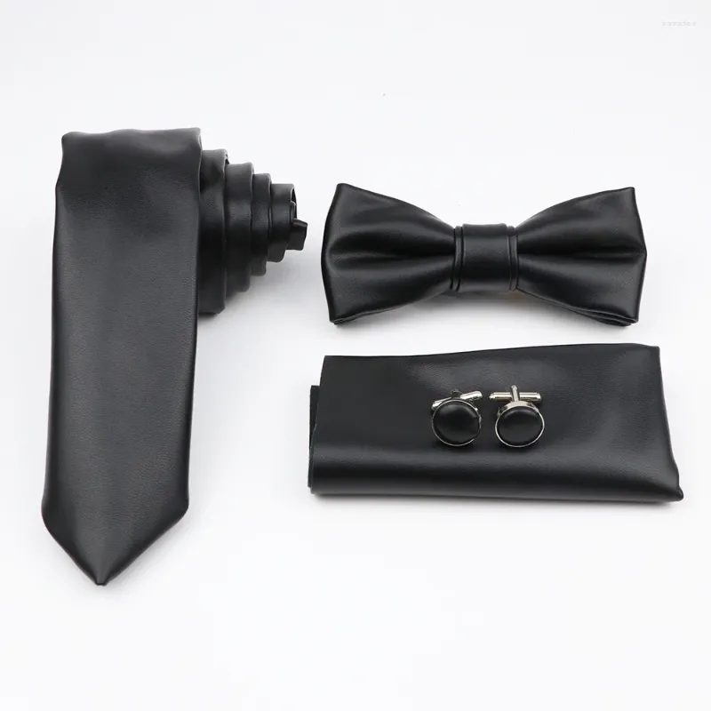 Bow Ties Solid Color PU Leather Tie Bowtie Handkerchief Cufflinks Set Men Black Red Blue Butterfly Wedding Suit Necktie Novelty Gift