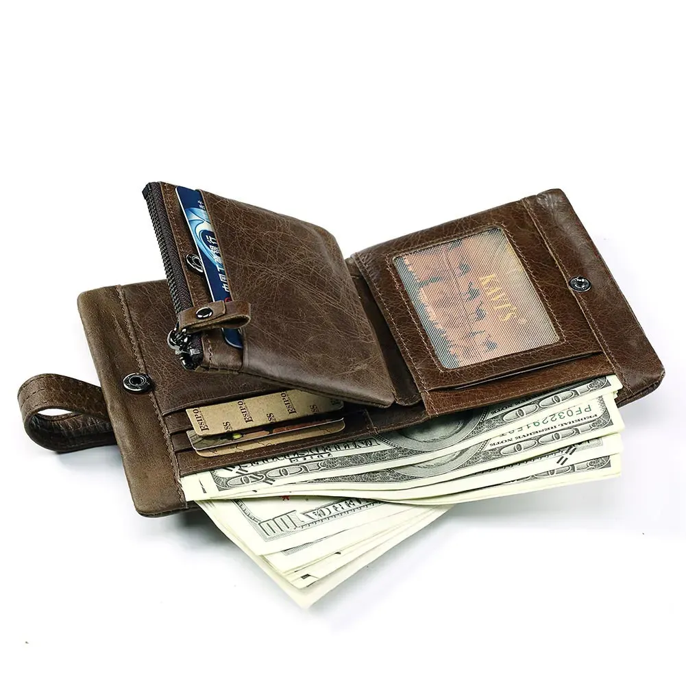 Plånböcker plånbok Crazy Horse äkta läder dubbel dragkedja hasp plånböcker kort myntväska med korthållare manliga portomonee walet