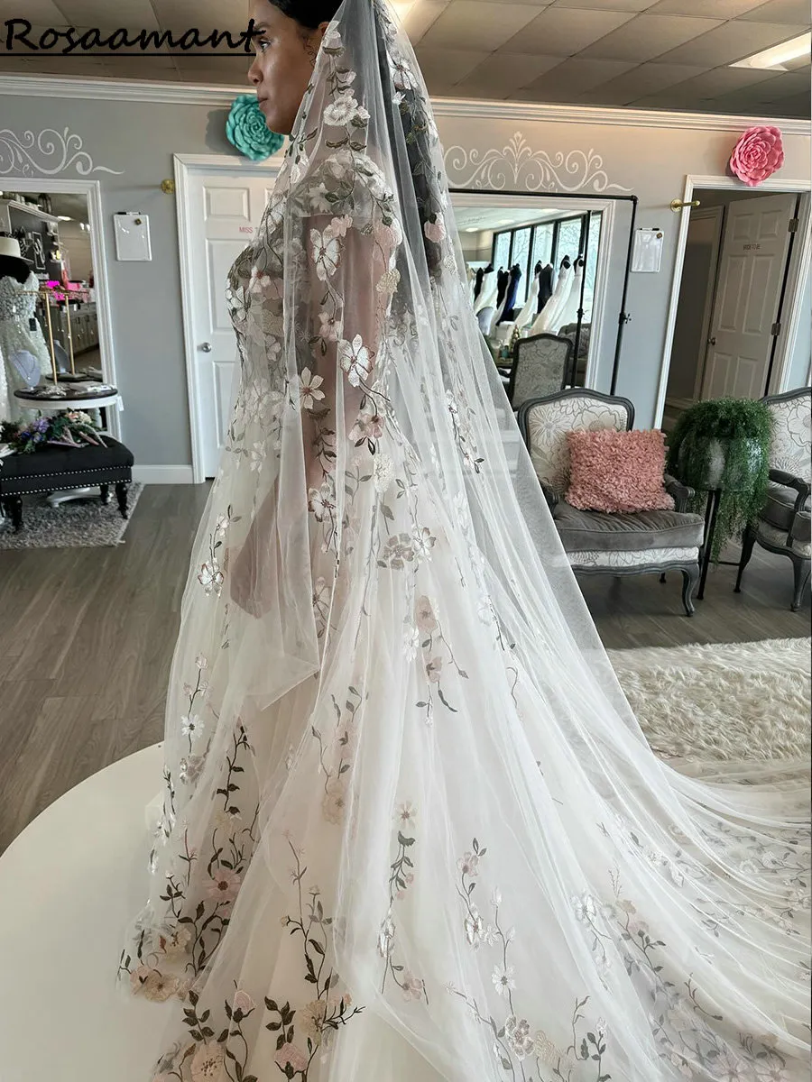 Элегантные 3D цветочные кружевные платья A-Line Свадебные платья без спинки