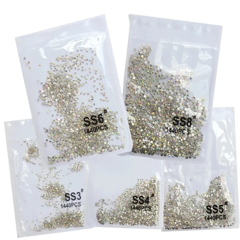 SS3SS8 1440PCS Clear Crystal AB Gold 3D Non Fix Flatback Nail Art S Decorations Shoes and Dancing Decoration 240418