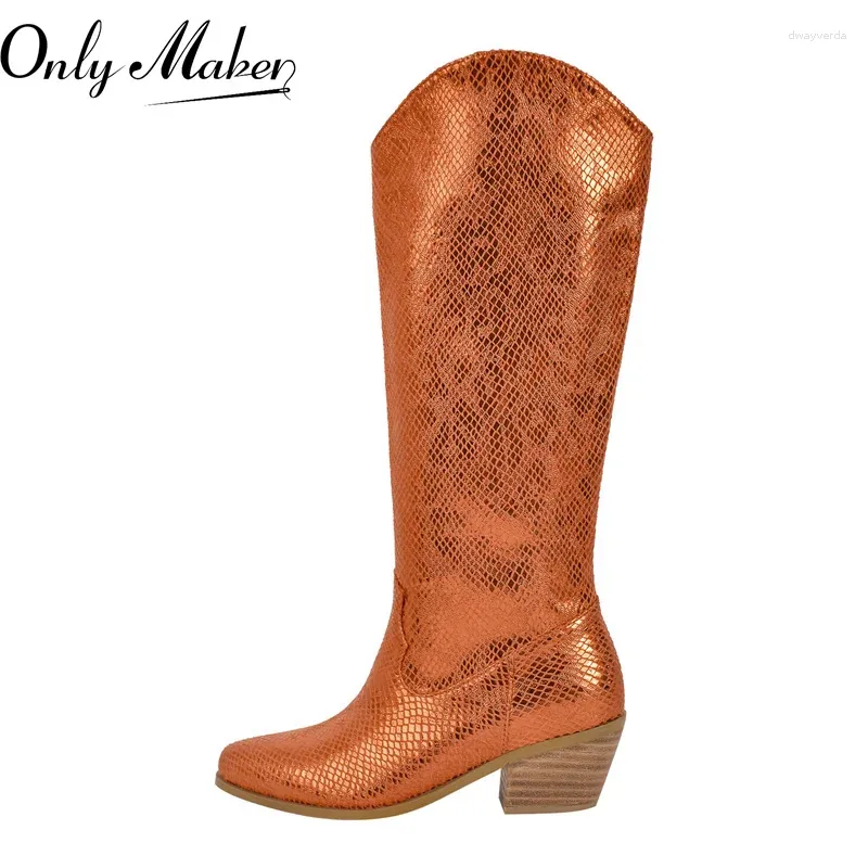 Laarzen Onlymaker Brown Western Cowgirl Punted Toe brede kalfblok Hiel zijde ritssluiting knie hoog