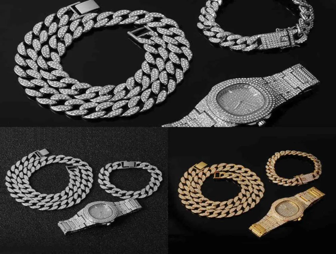 Men039s Jewelry Set 3piece Set Necklace Watch and Bracelet Hip Hop Miami Edge Cuban Chain Gold All Ice Diamond Cz Flas9716389