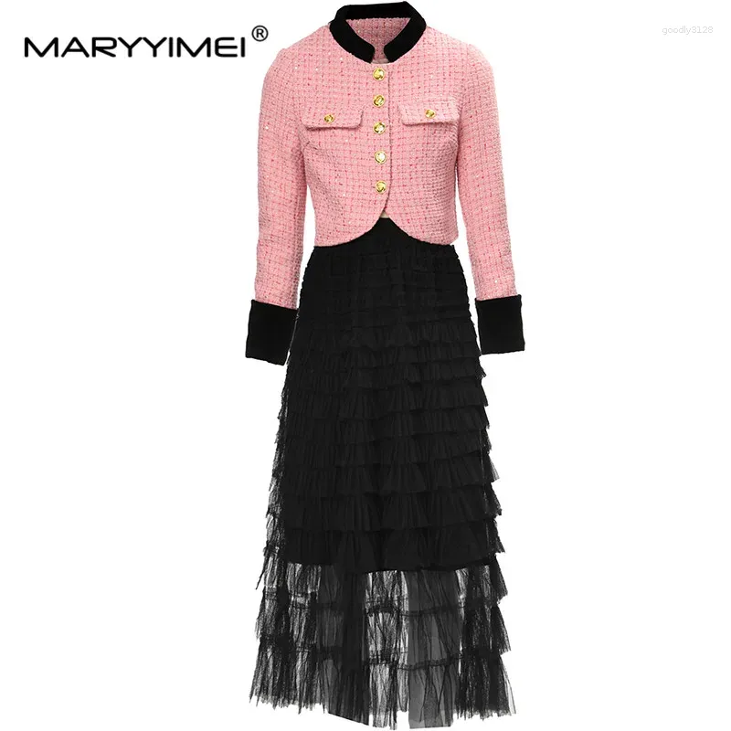 Sukienki robocze Maryyimei Runway Projektantka mody kobiet cekinowa jednokierunkowa różowa kurtka Tweed Cascading Ruffle Tiul Lkits 2pcs Zestaw