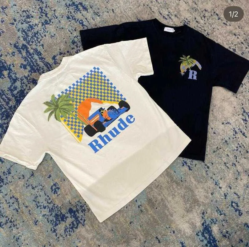 Rhude Summer Coconut Tree Racing High Street Leisure Propostorile Round Rece Beck زوجين قصير الأكمام تي شيرت