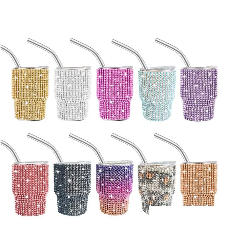 Tumblers 3Oz S Glass Leopard Diamond Sippy Cup Stainless Steel Wine Tumbler Vacuum Insated Car Mugs With Lid And Sts Drop Delivery H Dhsrn