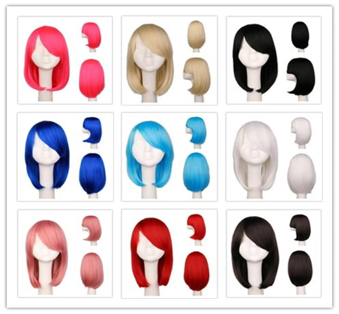 Femmes filles Bob Straight Cosplay Wig Costume fête noir blanc bleu rouge rose 40 cm Wigs de cheveux synthétiques3992141