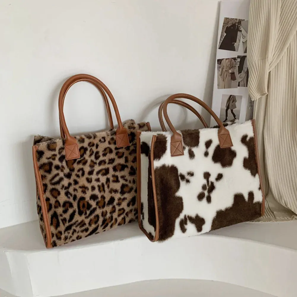 Sacs tophandle sacs rétro vache léopard imprimer pu design en peluche en cuir automne l'hiver mode petite femme sacs à main sacs à main
