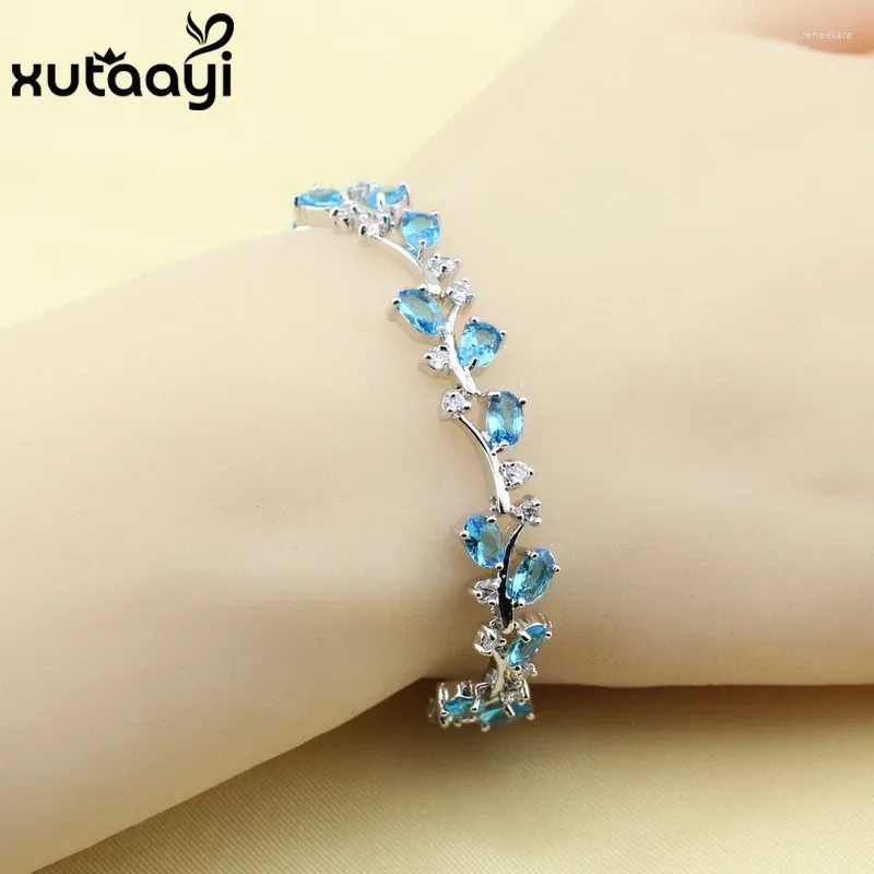 Pulseiras de link jóias de jóias de moda azul zircão esterlina prata colorcolor pulseira para mulheres comprimento ajustável 18 2 cm