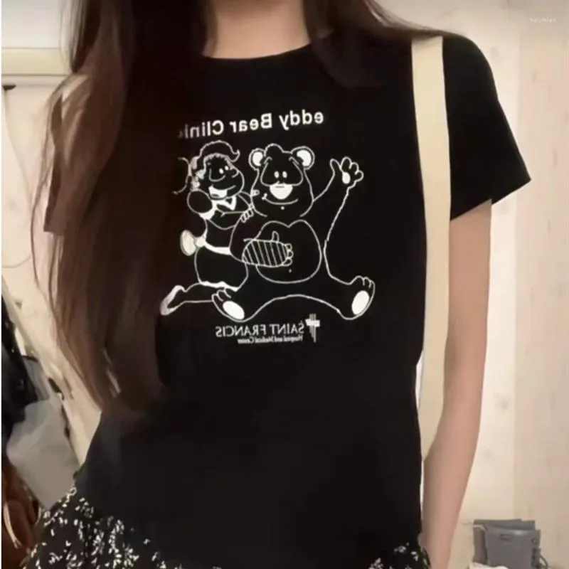 女性用Tシャツヴィンテージ漫画ベアかわいいグラフィック韓国ファッションブラックTシャツ甘い女の子アニメY2Kトップサマーショートスリーブティールーズ